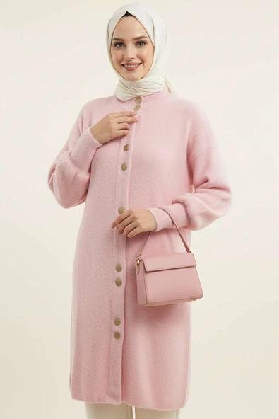 Metal Düğmeli Uzun Sakallı Hırka Pembe - Resim 2