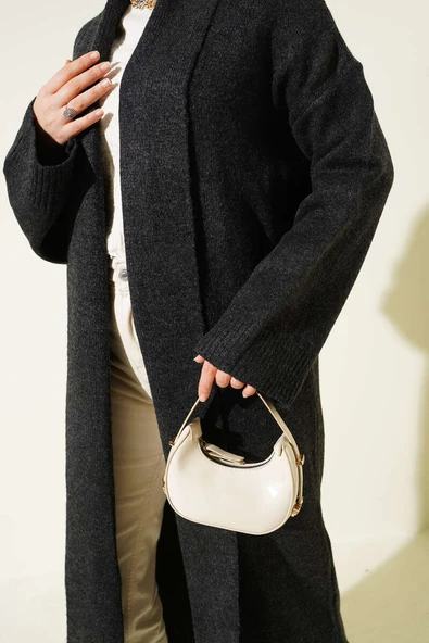 Şal Yaka Uzun Triko Hırka Füme - Resim 4