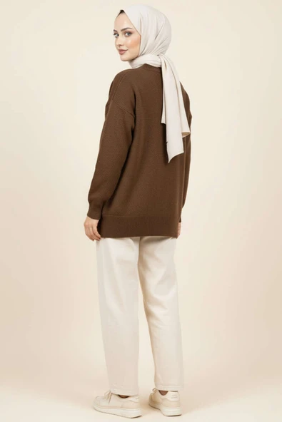 Baklava Desen Triko Kazak Kahve Latte - Resim 3