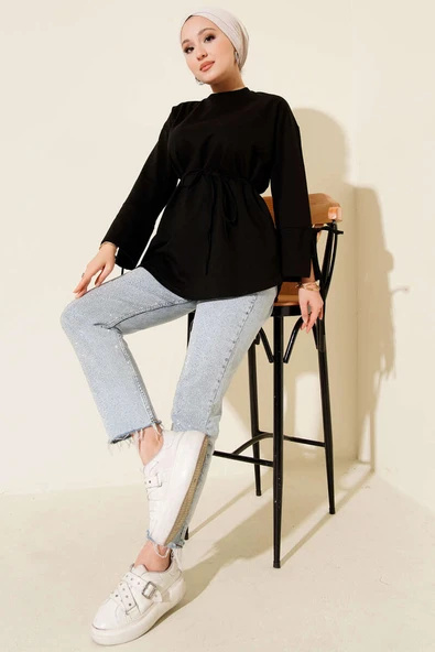 Kolları Bağcıklı İki İpli Tunik Siyah - Resim 2