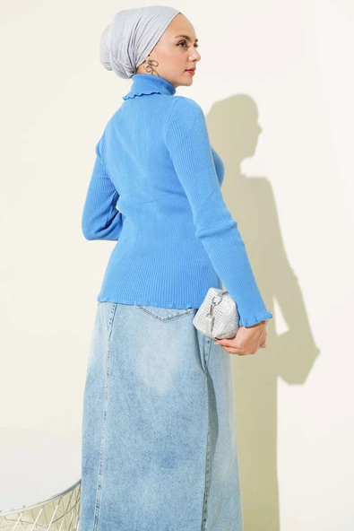 Balıkçı Yaka Fırfırlı Triko Kazak Mavi - Resim 3