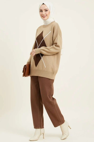 Baklava Desen Triko Kazak Latte Kahve - Resim 2