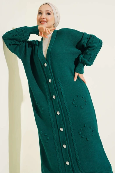 Taşlı Düğmeli Triko Hırka Zümrüt - Resim 2