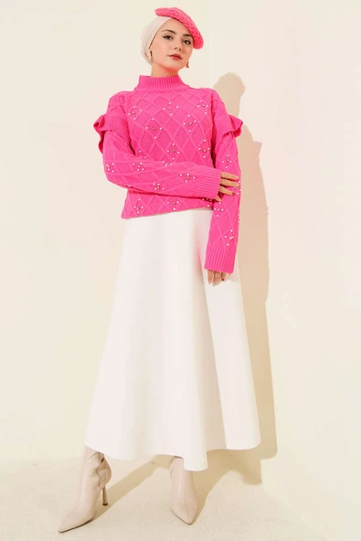 Dik Yaka Taşlı Triko Kazak Pembe - Resim 2