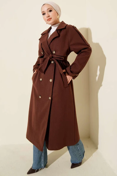 Omuz Apoletli Düğme Detaylı Kaşe Kaban Kestane - Resim 2