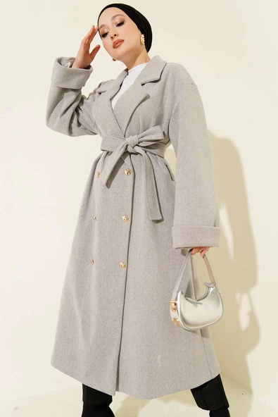 Gold Düğmeli Kruvaze Kaşe Kaban Gri ürün görseli 1