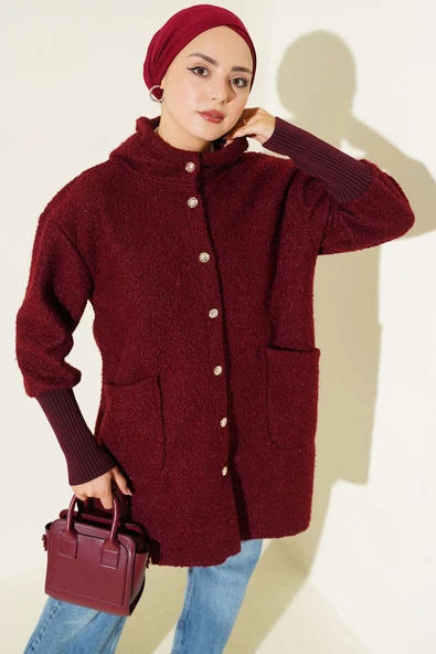 Kol Ribanalı Kapüşonlu Buklet Kap Bordo - Resim 2