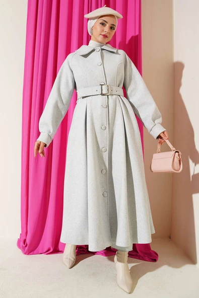 Kemerli Uzun Kaşe Kaban Gri ürün görseli 1