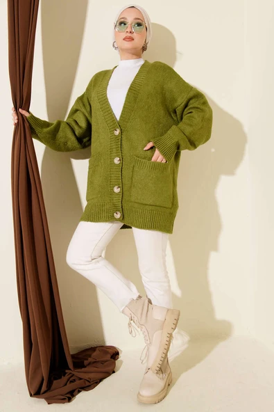 Çift Cepli Düğmeli Triko Hırka Yağ Yeşili - Resim 2