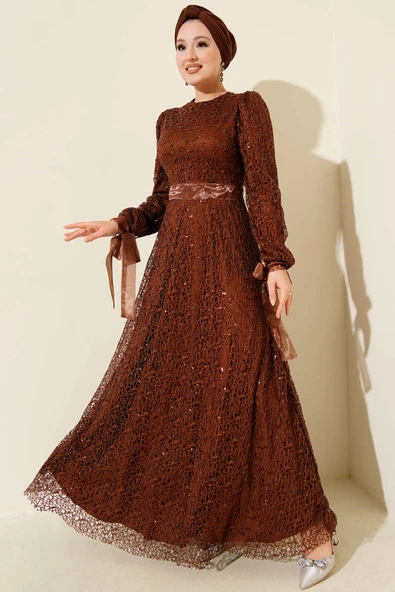 Pırıltı Pullu Abiye Elbise Kahve ürün görseli 1