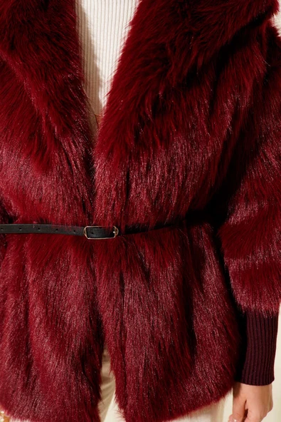 Bilek Ribanalı Kürklü Mont Bordo - Resim 4