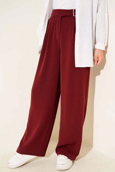 Bel Kemer Tokalı Palazzo Pantolon Bordo - Resim 2