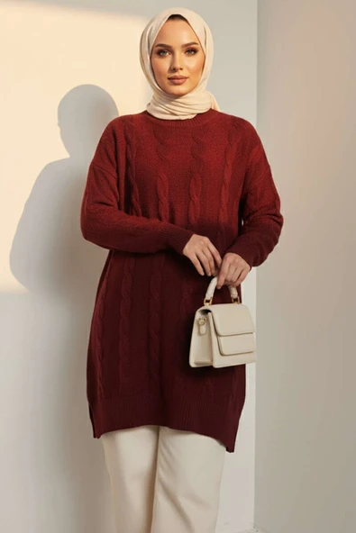 Sarmal Kabartmalı Yumoş Triko Tunik Bordo ürün görseli