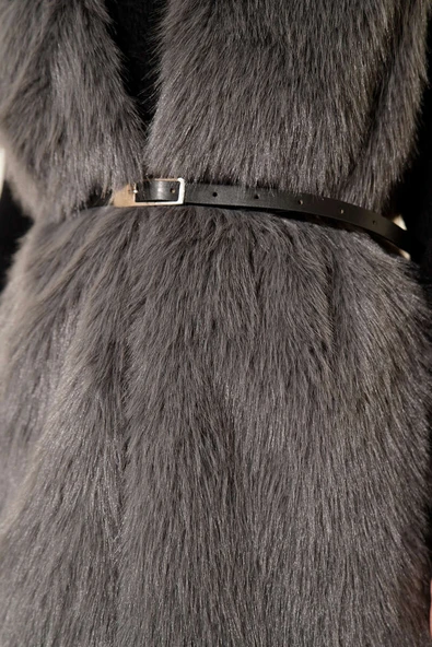 Kürklü Kemerli Yelek Füme - Resim 4