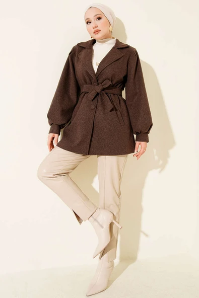 Balon Kol Kuşaklı Kısa Kaban Kahve - Resim 2