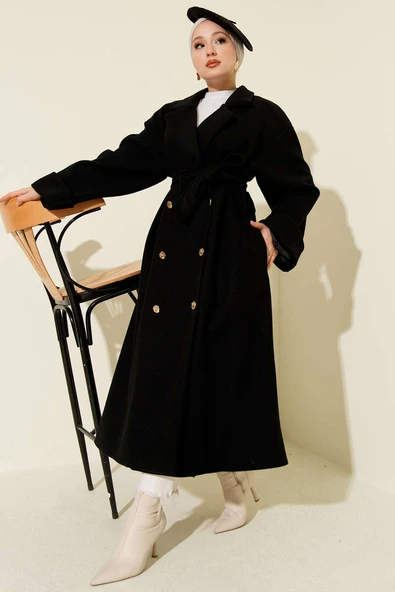 Gold Düğmeli Kruvaze Kaşe Kaban Siyah ürün görseli 1