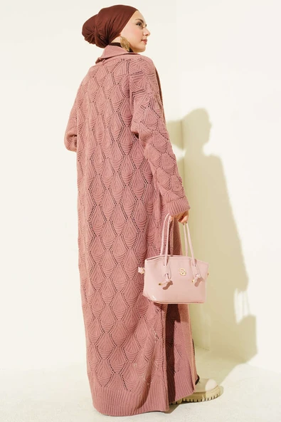 Şal Yaka Örgü Desenli Uzun Triko Hırka Gül Kurusu - Resim 3