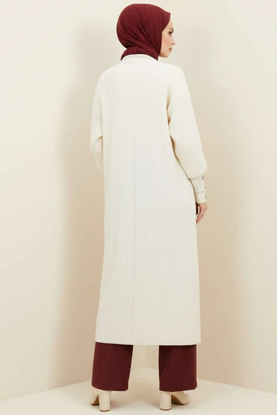 Kol Ucu Düğmeli Şal Yaka Triko Hırka Krem - Resim 3