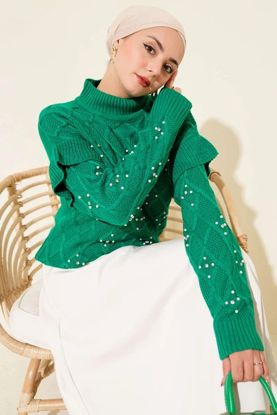 Dik Yaka Taşlı Triko Kazak Yeşil ürün görseli 1