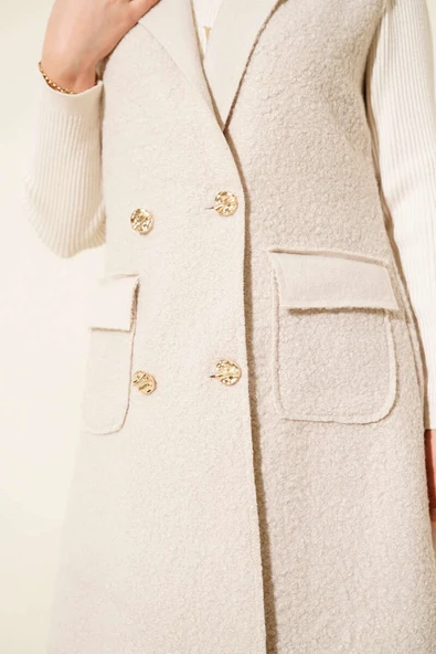 Düğmeli Uzun Buklet Yelek Taş - Resim 4