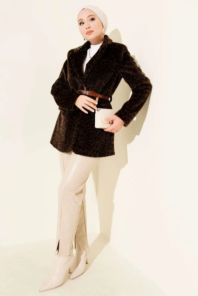 Leopar Desen Kemerli Tay Tüyü Ceket Kahve - Resim 2