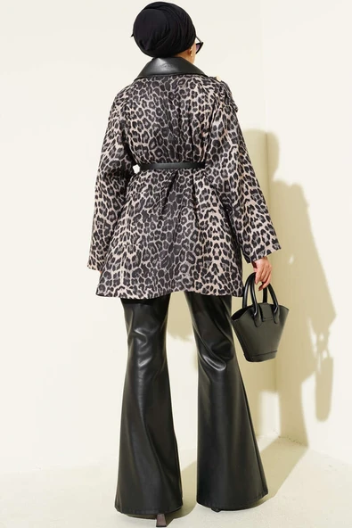 Deri Yaka Garnili Leopar Desenli Ceket Siyah - Resim 3