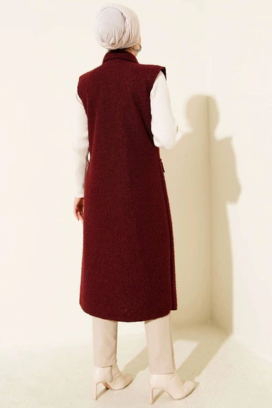 Düğmeli Uzun Buklet Yelek Bordo - Resim 3