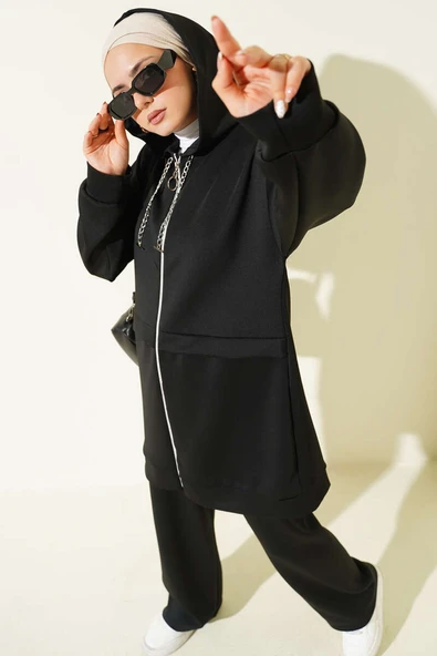 Kapüşonlu Fermuarlı Scuba İkili Takım Siyah ürün görseli 1