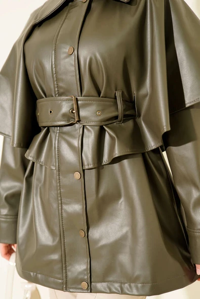 Pelerinli Kemerli Deri Ceket Haki - Resim 4