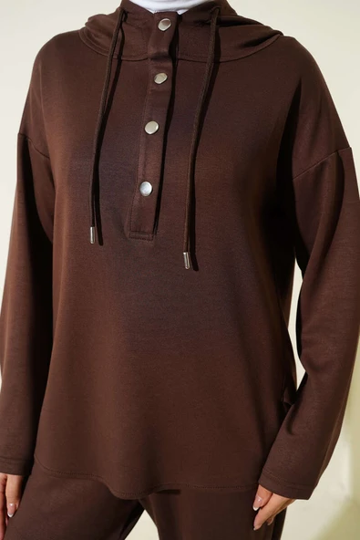 Yaka Çıtçıtlı Kapüşonlu İkili Takım Kahve - Resim 4