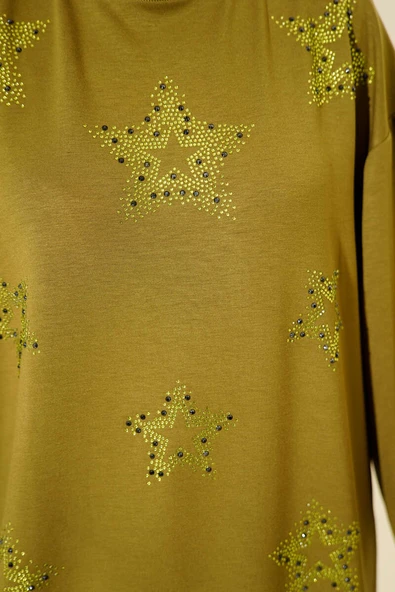 Mini Yıldız Taşlı Tunik Yağ Yeşili - Resim 4