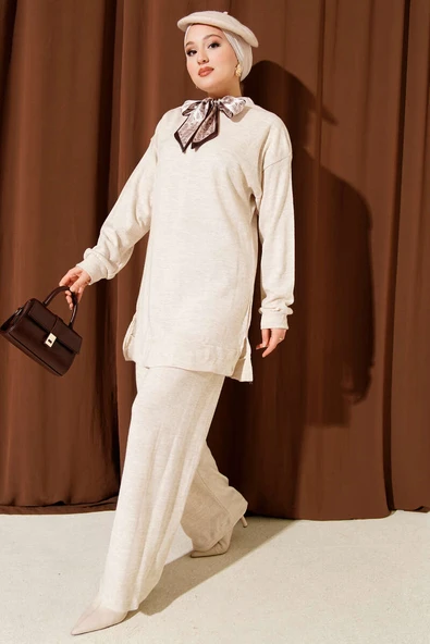 Fularlı Triko İkili Takım Bej - Resim 2