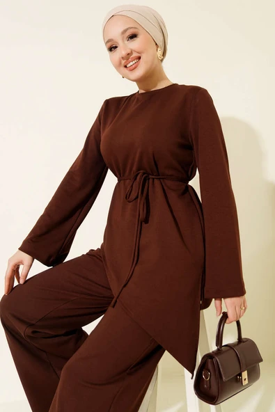 Bisiklet Yaka Asimetrik Kesim Loyşa İkili Takım Kahve ürün görseli 1