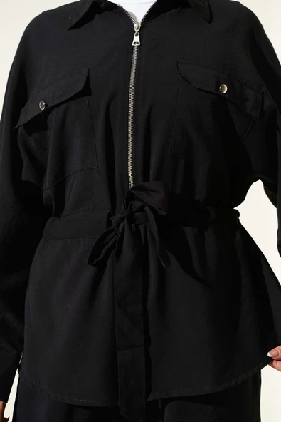 Bel Tünelli Çift Cepli İkili Takım Siyah - Resim 4