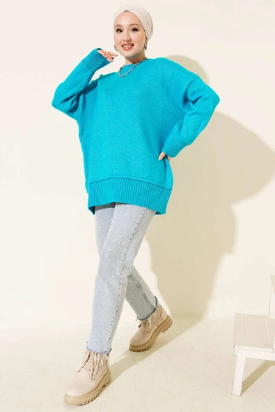 Alt Dikişli Yumoş Triko Tunik Mavi - Resim 2