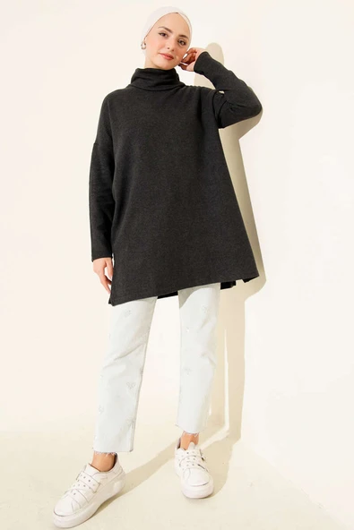 Boğazlı Fitilli Kaşe Tunik Antrasit - Resim 2