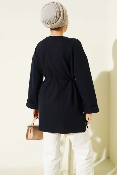 İp Bağlamalı Fitilli Kaşe Tunik Lacivert - Resim 3