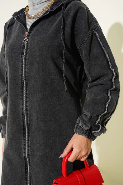 Kapüşonlu Fermuarlı Kot Kap Füme - Resim 4