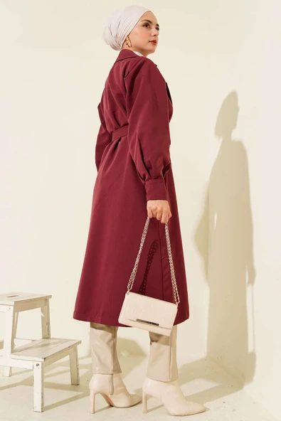 Kruvaze Yaka Kuşak Detaylı Trençkot Bordo - Resim 3