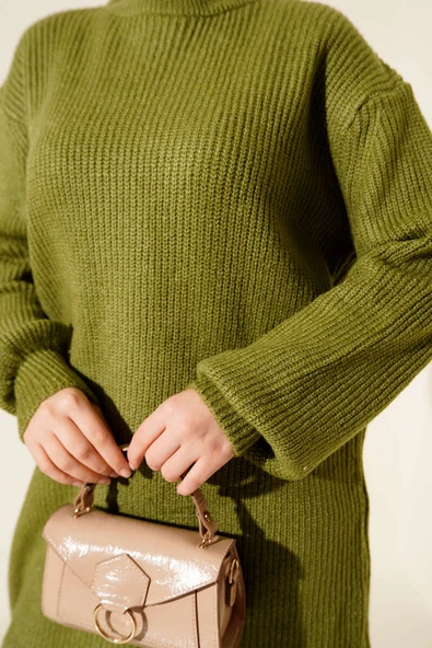 Selanik Örgü Yumoş Triko Tunik Yağ Yeşili - Resim 4