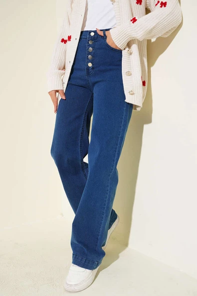 Önü Metal Düğmeli Bol Kot Pantolon Mavi ürün görseli 1
