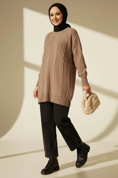 Sarmal Kabartmalı Yumoş Triko Tunik Vizon - Resim 2