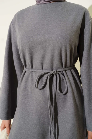 Geniş Kollu Fitilli Kaşe Tunik Gri - Resim 4