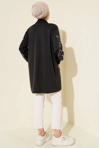 Loyşa Kolları Nakışlı Fermuarlı Hırka Füme - Resim 3