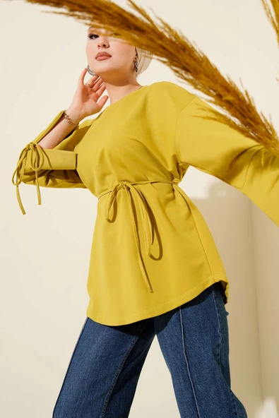 Kolları Bağcıklı İki İpli Tunik Yağ Yeşili ürün görseli