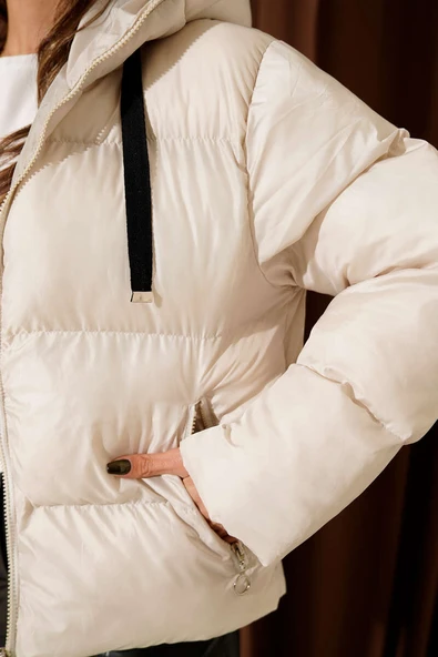 Kapşonlu Kısa Şişme Mont Taş - Resim 4