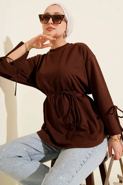 Kolları Bağcıklı İki İpli Tunik Kahve ürün görseli 1
