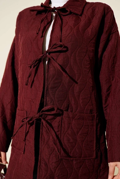 Dalga Desen Kapitone Ceket Bordo - Resim 4