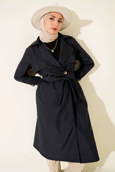 Pelerinli Tek Düğmeli Kuşaklı Trençkot Lacivert ürün görseli 1