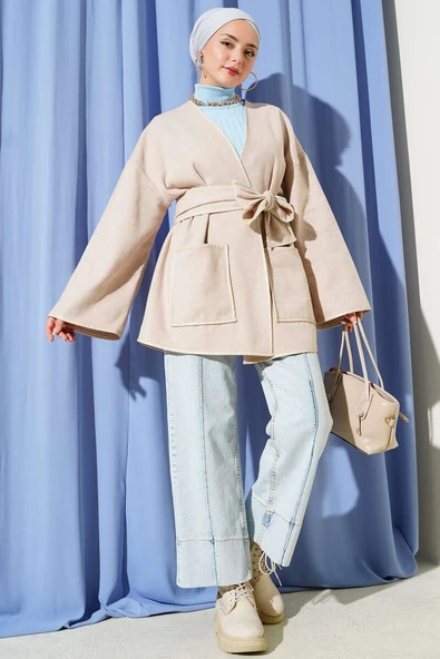 Deri Biyeli Cepli Ceket Bej - Resim 2